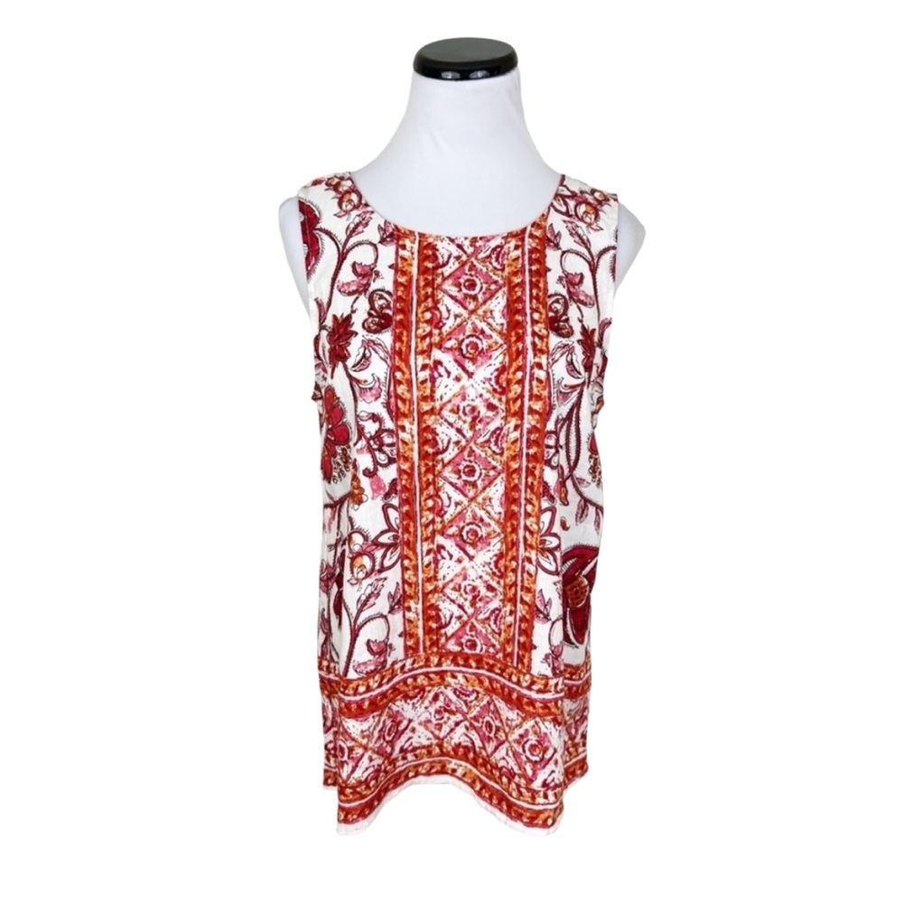 Nicole Miller Linen Blend Button Back Floral Sleeveless Blouse Tank Top Size XS